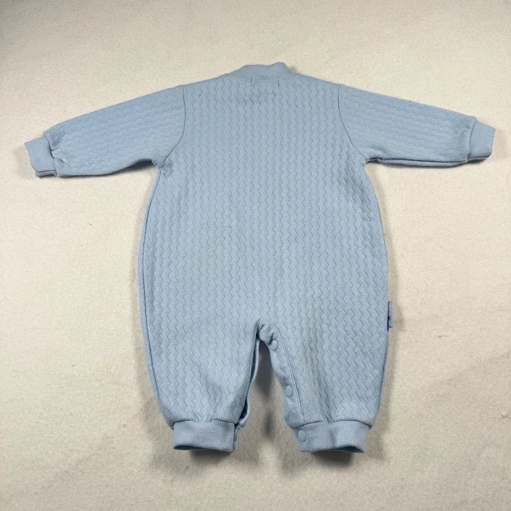 Smart Baby Blue Quilted Knit Romper Teddy Bear Puppy Applique Snap Front 6-9m